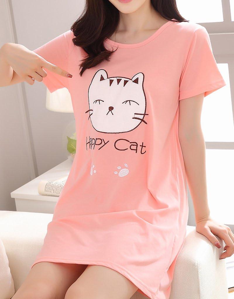 imageVopmocld Big Girls Cute Happy Cat Sleepwear Short Sleeve Summer Soft NightgownPink