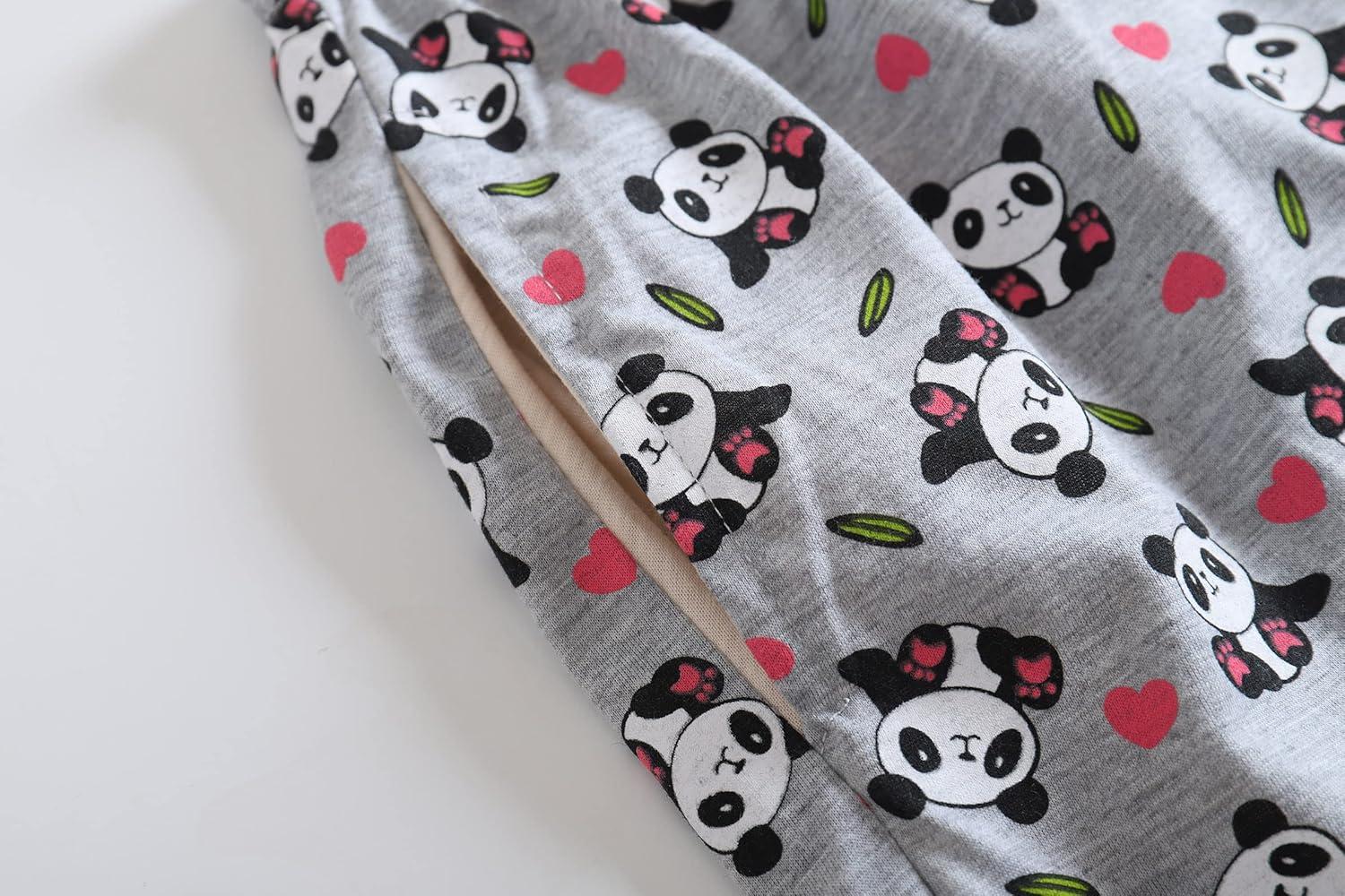 imageVopmocld Big Girls Short Sleeve Long Pants Pajama Sets 2PCS Cartoon Pattern amp Letters Printed Sleepwear Lounge for TeensGray Panda