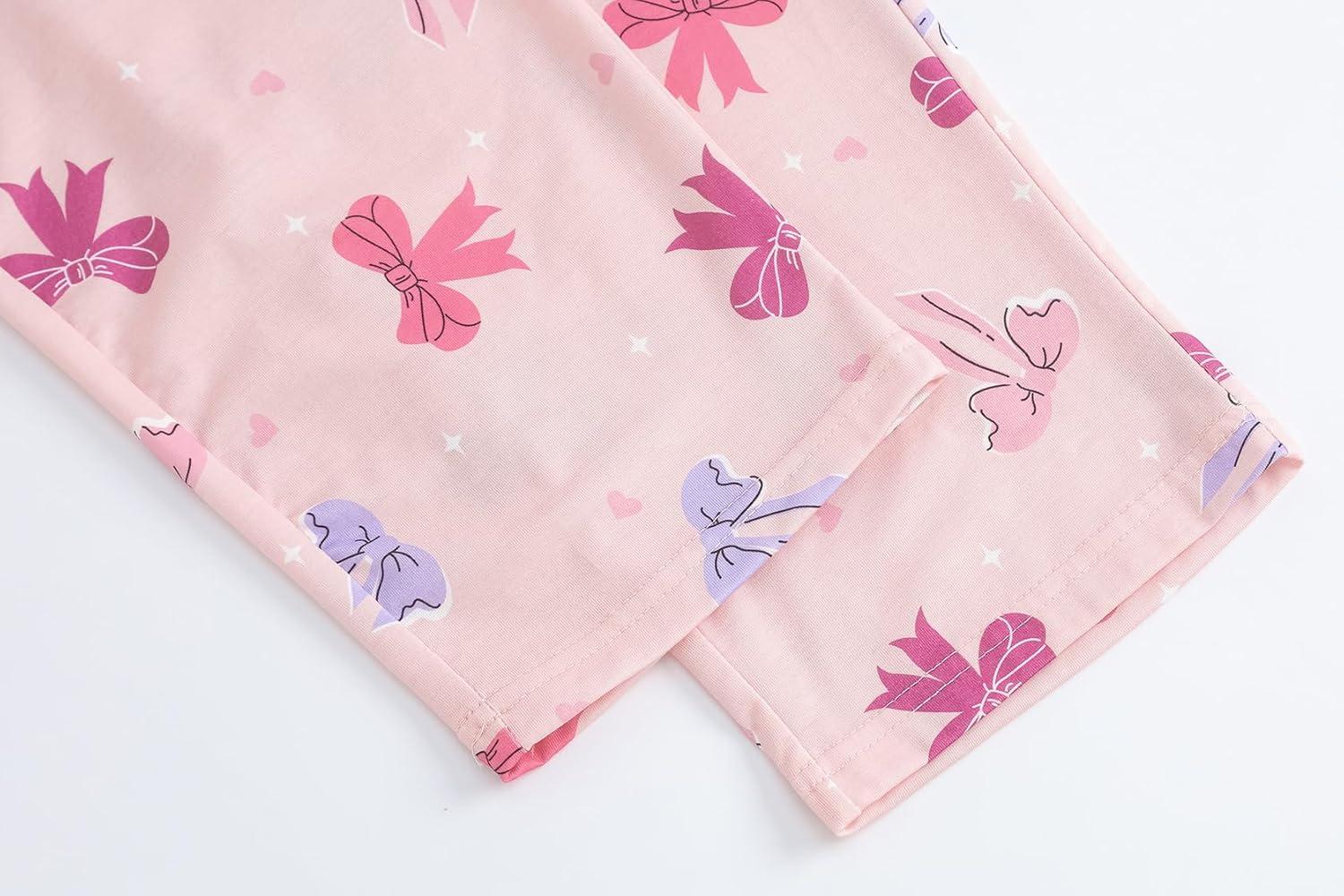 imageVopmocld Big Girls Short Sleeve Long Pants Pajama Sets 2PCS Cartoon Pattern amp Letters Printed Sleepwear Lounge for TeensLetters Bowknot