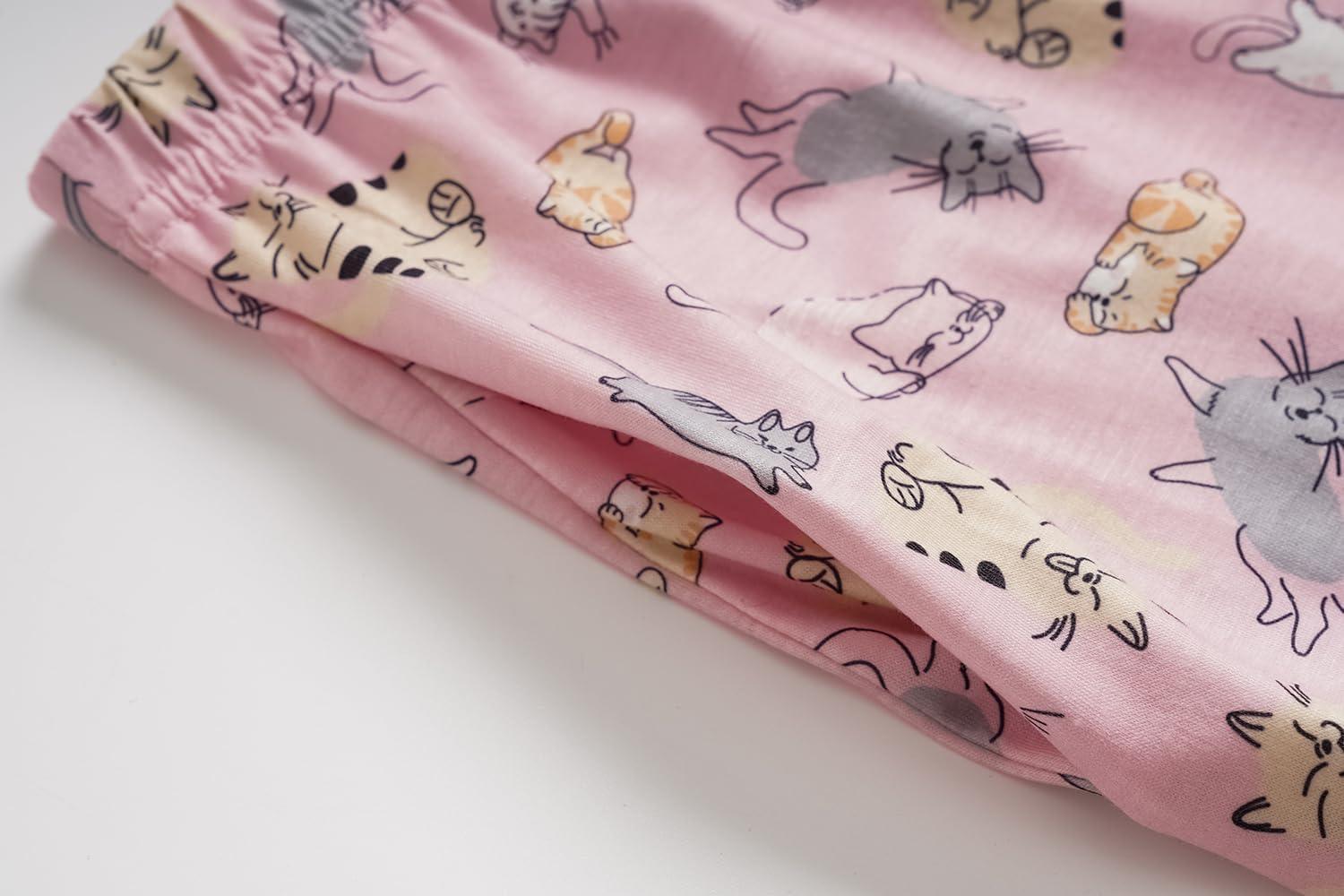 imageVopmocld Big Girls Short Sleeve Long Pants Pajama Sets 2PCS Cartoon Pattern amp Letters Printed Sleepwear Lounge for TeensPlaying Cats