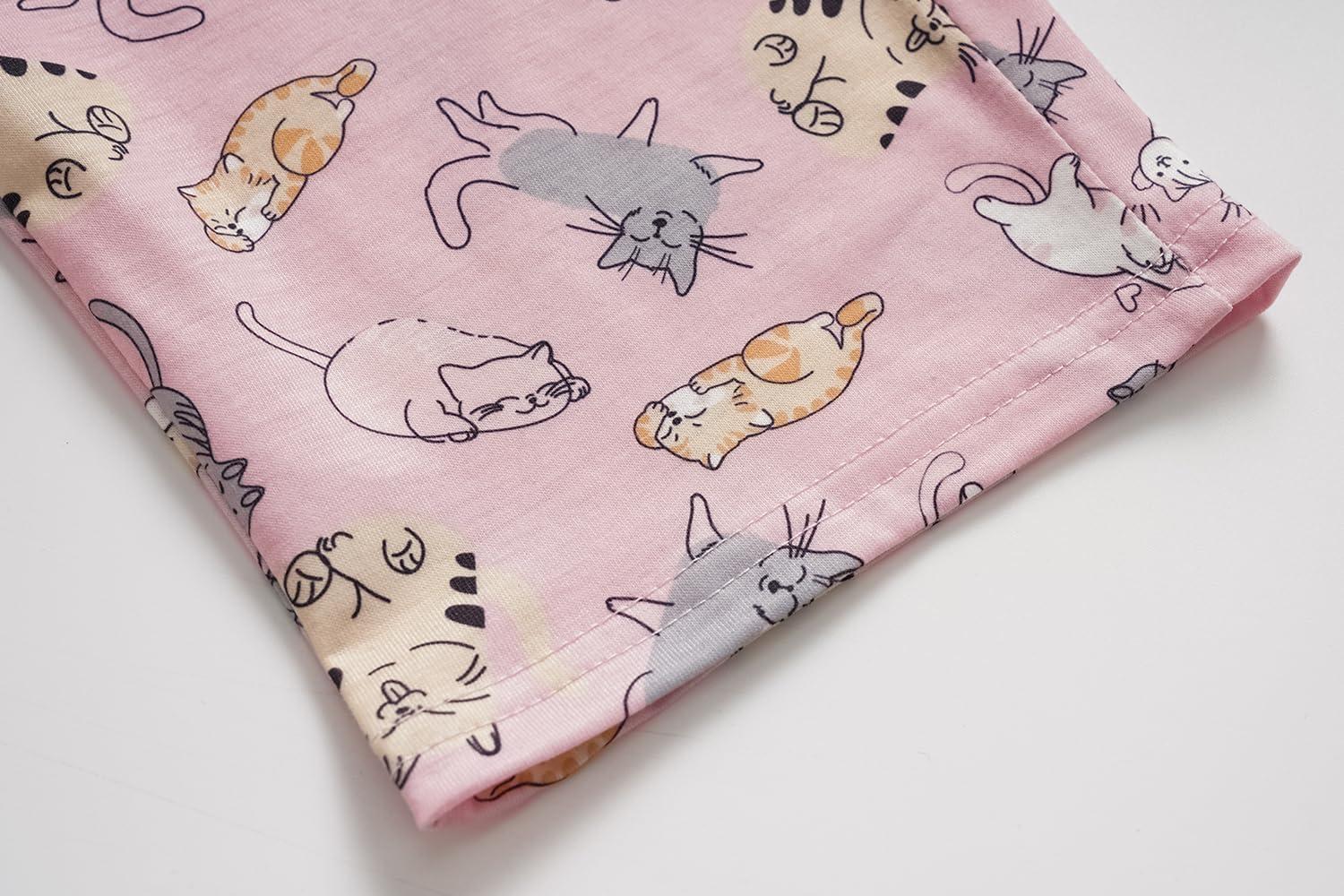 imageVopmocld Big Girls Short Sleeve Long Pants Pajama Sets 2PCS Cartoon Pattern amp Letters Printed Sleepwear Lounge for TeensPlaying Cats