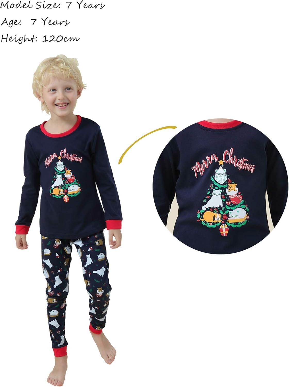 imageVopmocld Christmas Family Matching Pajama Red Holiday Pjs Sets Cotton SleepwearNavy CatsDogs Tree
