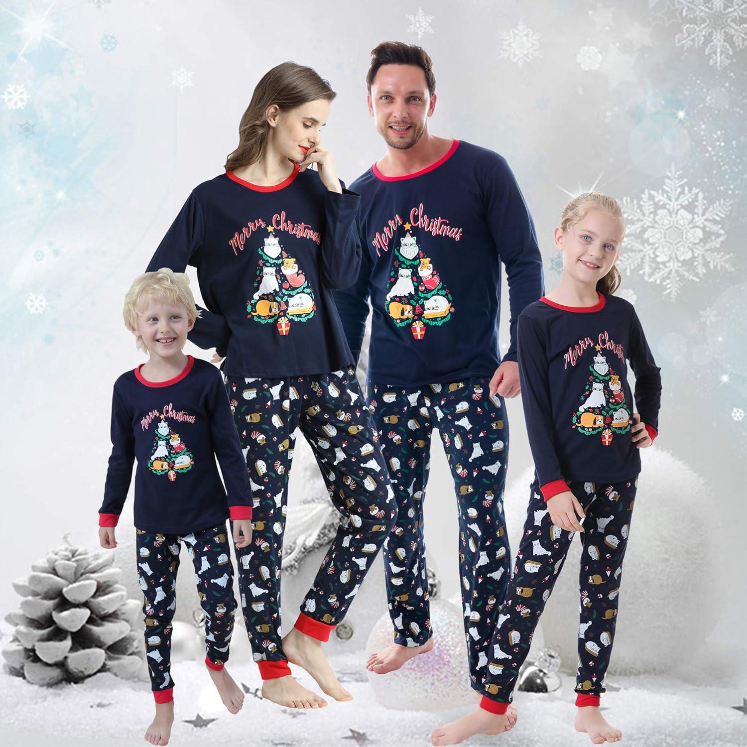 imageVopmocld Christmas Family Matching Pajama Red Holiday Pjs Sets Cotton SleepwearNavy CatsDogs Tree