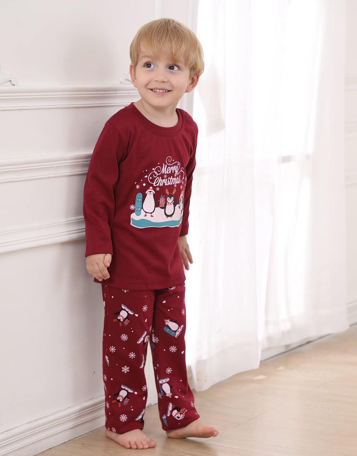 imageVopmocld Christmas Family Matching Pajama Red Holiday Pjs Sets Cotton SleepwearWine Red Penguin