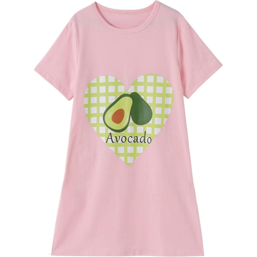 imageVopmocld Big Girls Cute Happy Cat Sleepwear Short Sleeve Summer Soft NightgownAvocado