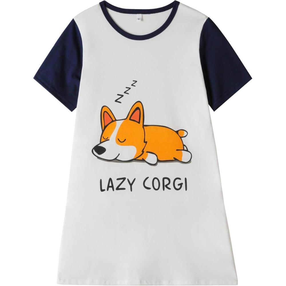 imageVopmocld Big Girls Cute Happy Cat Sleepwear Short Sleeve Summer Soft NightgownCorgi