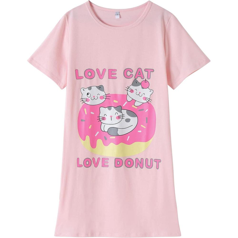 imageVopmocld Big Girls Cute Happy Cat Sleepwear Short Sleeve Summer Soft NightgownDonutcat
