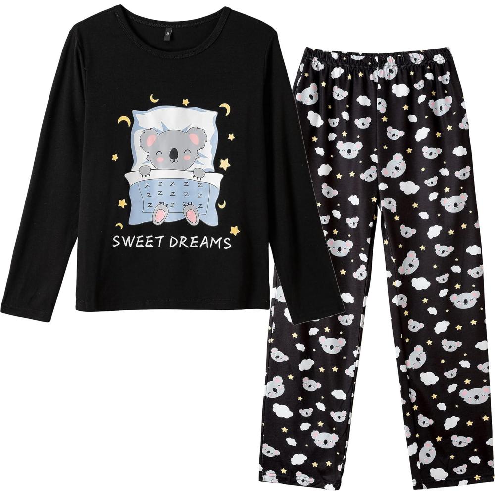 imageVopmocld Big Girls Cute Pajama Sets Long Sleeve Lovely Sleepwear 2 Piece PJS Multiple Cartoon JammiesBlack Koala