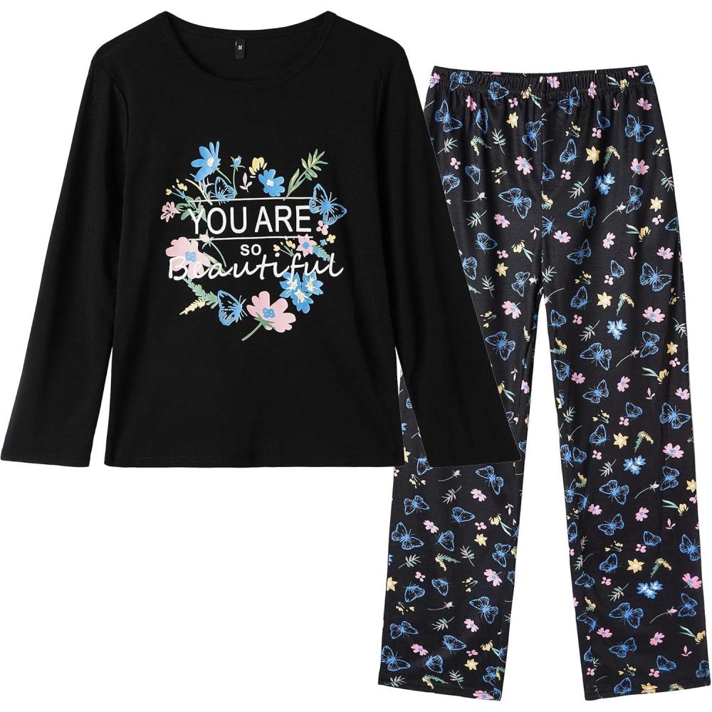 imageVopmocld Big Girls Cute Pajama Sets Long Sleeve Lovely Sleepwear 2 Piece PJS Multiple Cartoon JammiesButterfly Floral