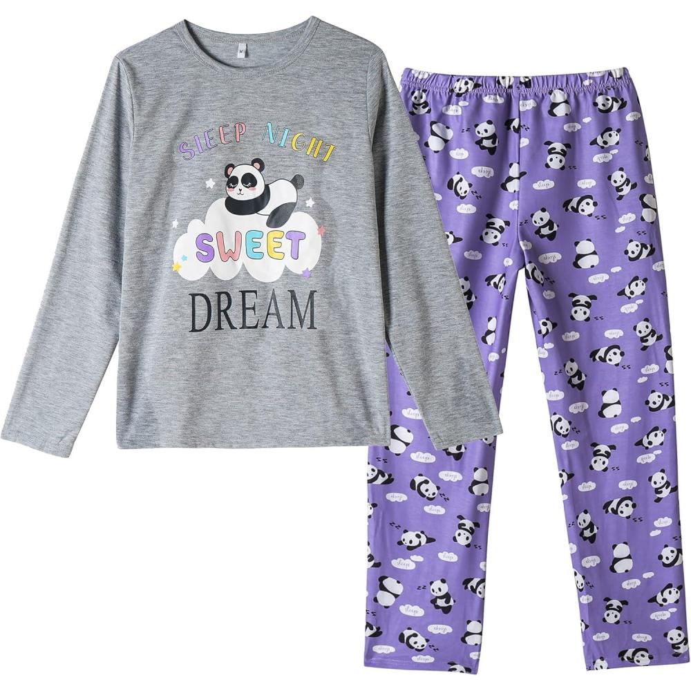 imageVopmocld Big Girls Cute Pajama Sets Long Sleeve Lovely Sleepwear 2 Piece PJS Multiple Cartoon JammiesGray Purple