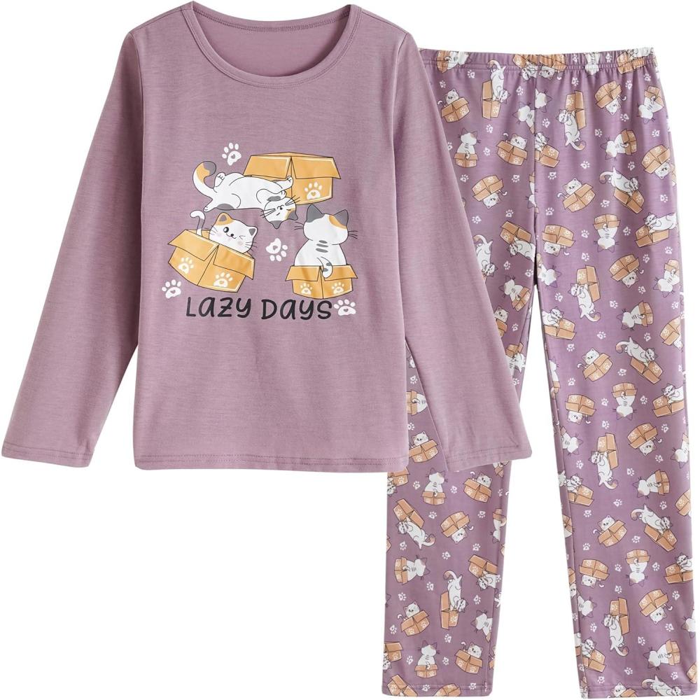 imageVopmocld Big Girls Cute Pajama Sets Long Sleeve Lovely Sleepwear 2 Piece PJS Multiple Cartoon JammiesLazy Cat