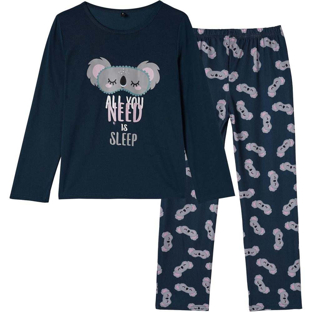 imageVopmocld Big Girls Cute Pajama Sets Long Sleeve Lovely Sleepwear 2 Piece PJS Multiple Cartoon JammiesNavy Koala
