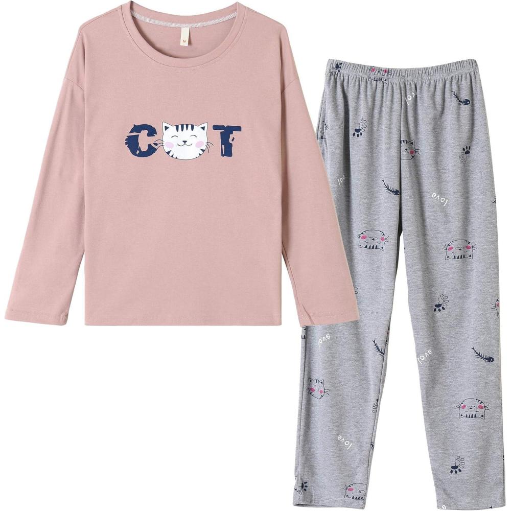 imageVopmocld Big Girls Cute Pajama Sets Long Sleeve Lovely Sleepwear 2 Piece PJS Multiple Cartoon JammiesPink Cat