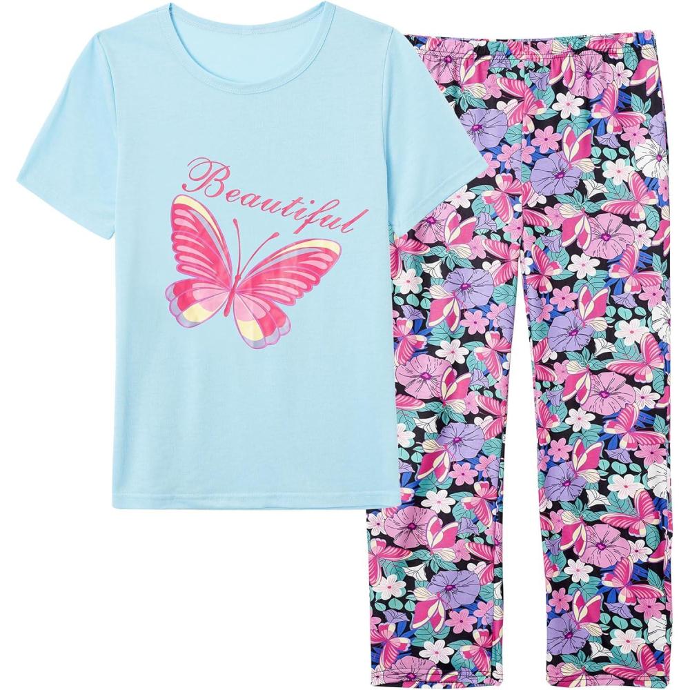 imageVopmocld Big Girls Short Sleeve Long Pants Pajama Sets 2PCS Cartoon Pattern amp Letters Printed Sleepwear Lounge for TeensButterfly