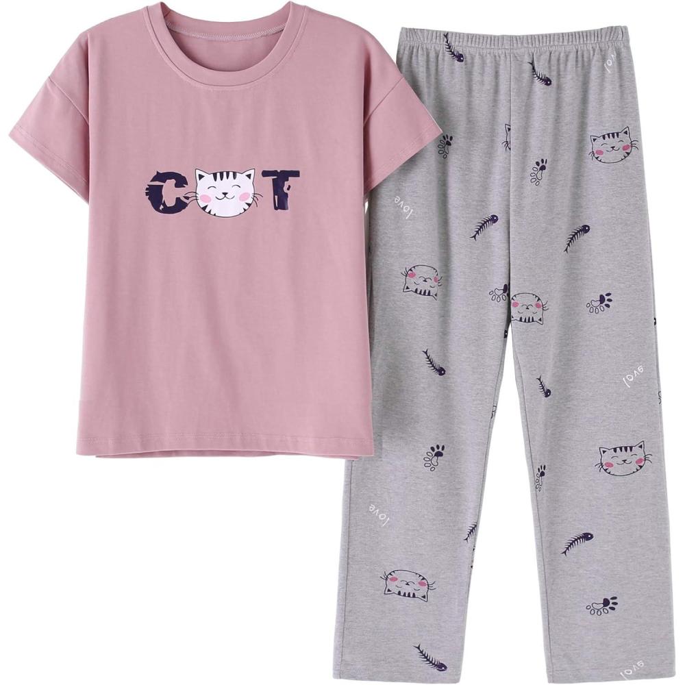 imageVopmocld Big Girls Short Sleeve Long Pants Pajama Sets 2PCS Cartoon Pattern amp Letters Printed Sleepwear Lounge for TeensCat