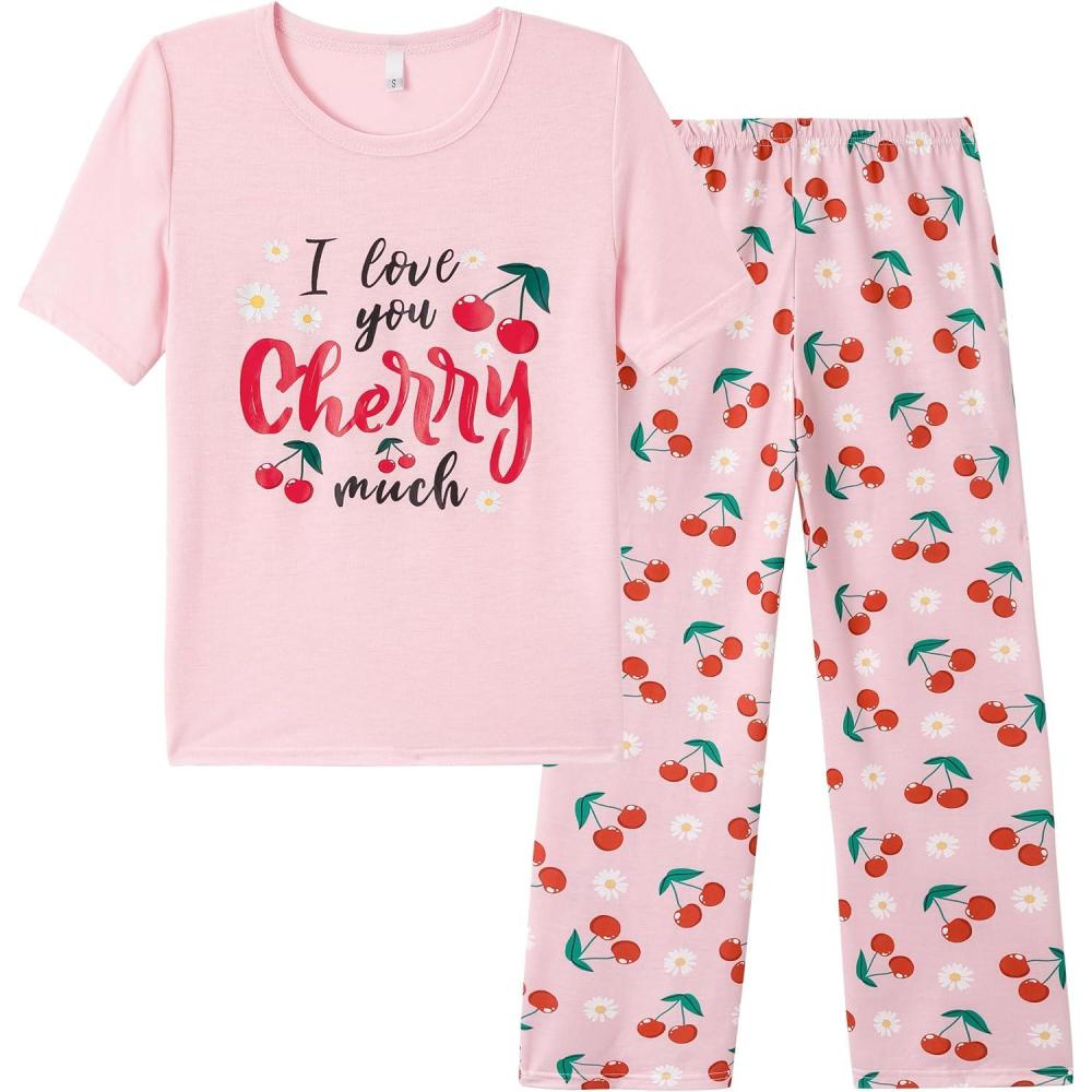 imageVopmocld Big Girls Short Sleeve Long Pants Pajama Sets 2PCS Cartoon Pattern amp Letters Printed Sleepwear Lounge for TeensCherrypink