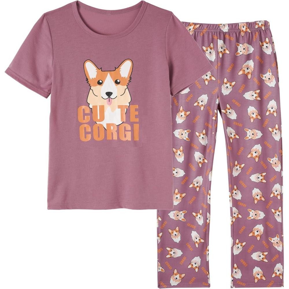 imageVopmocld Big Girls Short Sleeve Long Pants Pajama Sets 2PCS Cartoon Pattern amp Letters Printed Sleepwear Lounge for TeensCute Corgi