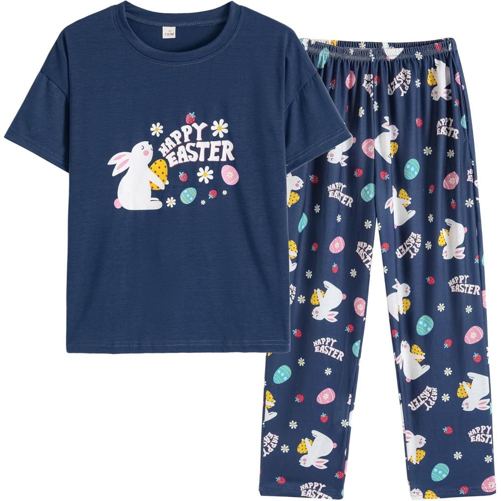 imageVopmocld Big Girls Short Sleeve Long Pants Pajama Sets 2PCS Cartoon Pattern amp Letters Printed Sleepwear Lounge for TeensEasternavy