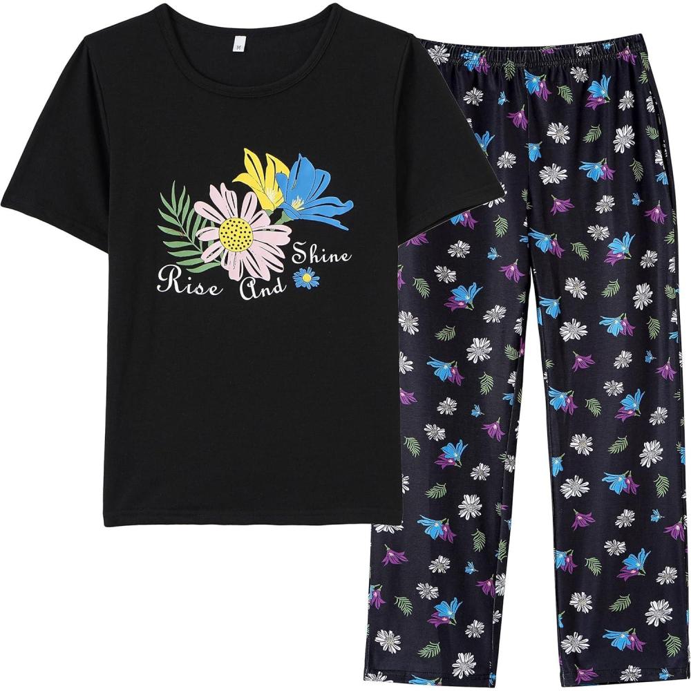 imageVopmocld Big Girls Short Sleeve Long Pants Pajama Sets 2PCS Cartoon Pattern amp Letters Printed Sleepwear Lounge for TeensFloralblack