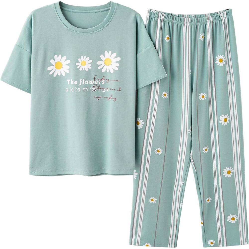 imageVopmocld Big Girls Short Sleeve Long Pants Pajama Sets 2PCS Cartoon Pattern amp Letters Printed Sleepwear Lounge for TeensFloralgreen