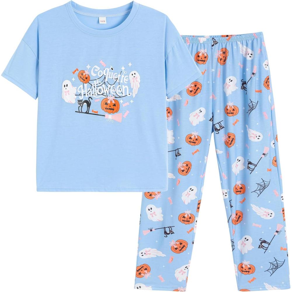 imageVopmocld Big Girls Short Sleeve Long Pants Pajama Sets 2PCS Cartoon Pattern amp Letters Printed Sleepwear Lounge for TeensGhost Bowknot