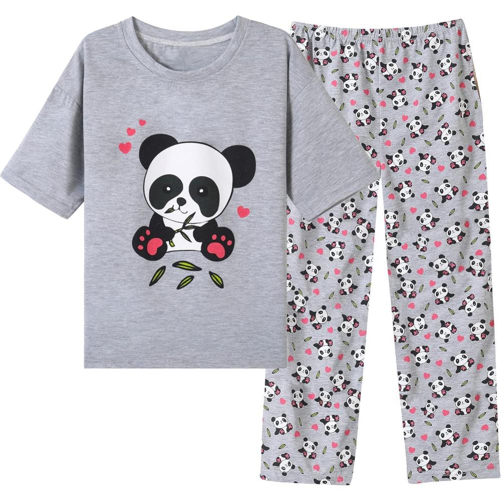 imageVopmocld Big Girls Short Sleeve Long Pants Pajama Sets 2PCS Cartoon Pattern amp Letters Printed Sleepwear Lounge for TeensGray Panda