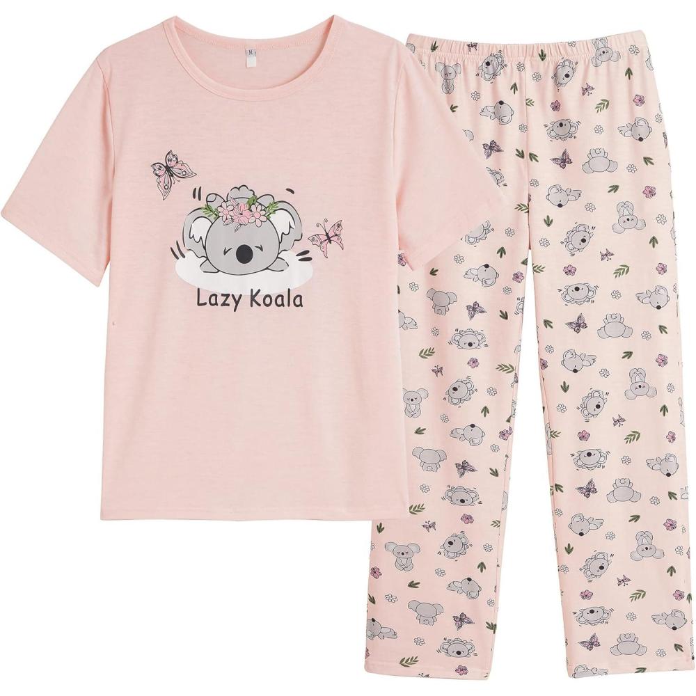 imageVopmocld Big Girls Short Sleeve Long Pants Pajama Sets 2PCS Cartoon Pattern amp Letters Printed Sleepwear Lounge for TeensKoala