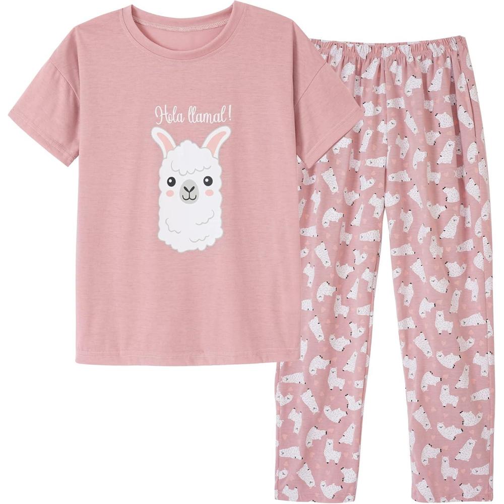 imageVopmocld Big Girls Short Sleeve Long Pants Pajama Sets 2PCS Cartoon Pattern amp Letters Printed Sleepwear Lounge for TeensLlama