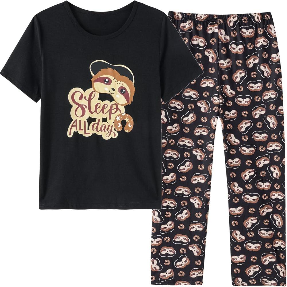 imageVopmocld Big Girls Short Sleeve Long Pants Pajama Sets 2PCS Cartoon Pattern amp Letters Printed Sleepwear Lounge for TeensMask Sloth