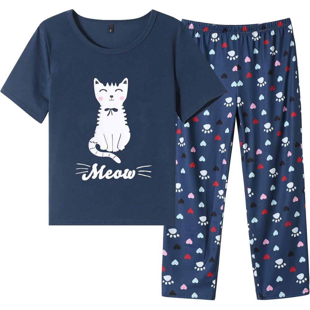 imageVopmocld Big Girls Short Sleeve Long Pants Pajama Sets 2PCS Cartoon Pattern amp Letters Printed Sleepwear Lounge for TeensNavycat