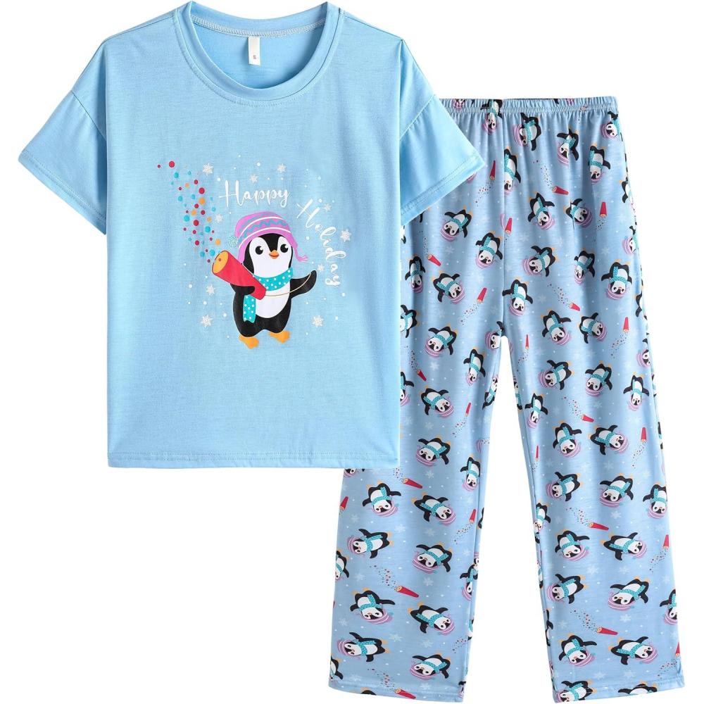 imageVopmocld Big Girls Short Sleeve Long Pants Pajama Sets 2PCS Cartoon Pattern amp Letters Printed Sleepwear Lounge for TeensPenguin