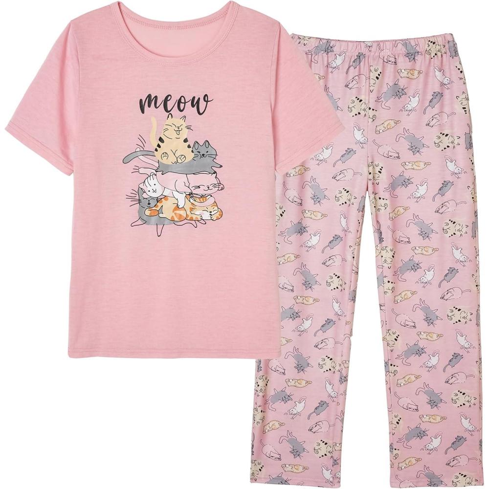 imageVopmocld Big Girls Short Sleeve Long Pants Pajama Sets 2PCS Cartoon Pattern amp Letters Printed Sleepwear Lounge for TeensPlaying Cats