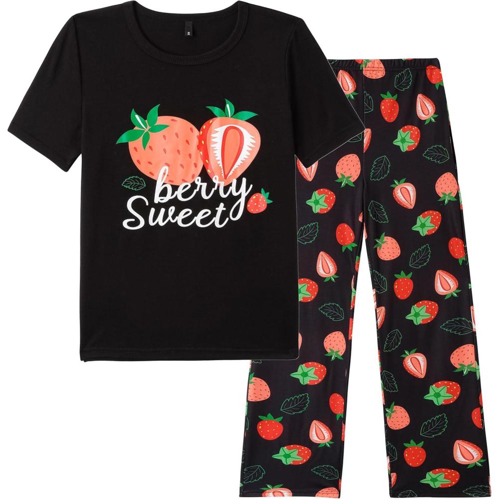 imageVopmocld Big Girls Short Sleeve Long Pants Pajama Sets 2PCS Cartoon Pattern amp Letters Printed Sleepwear Lounge for TeensStrawberryblack