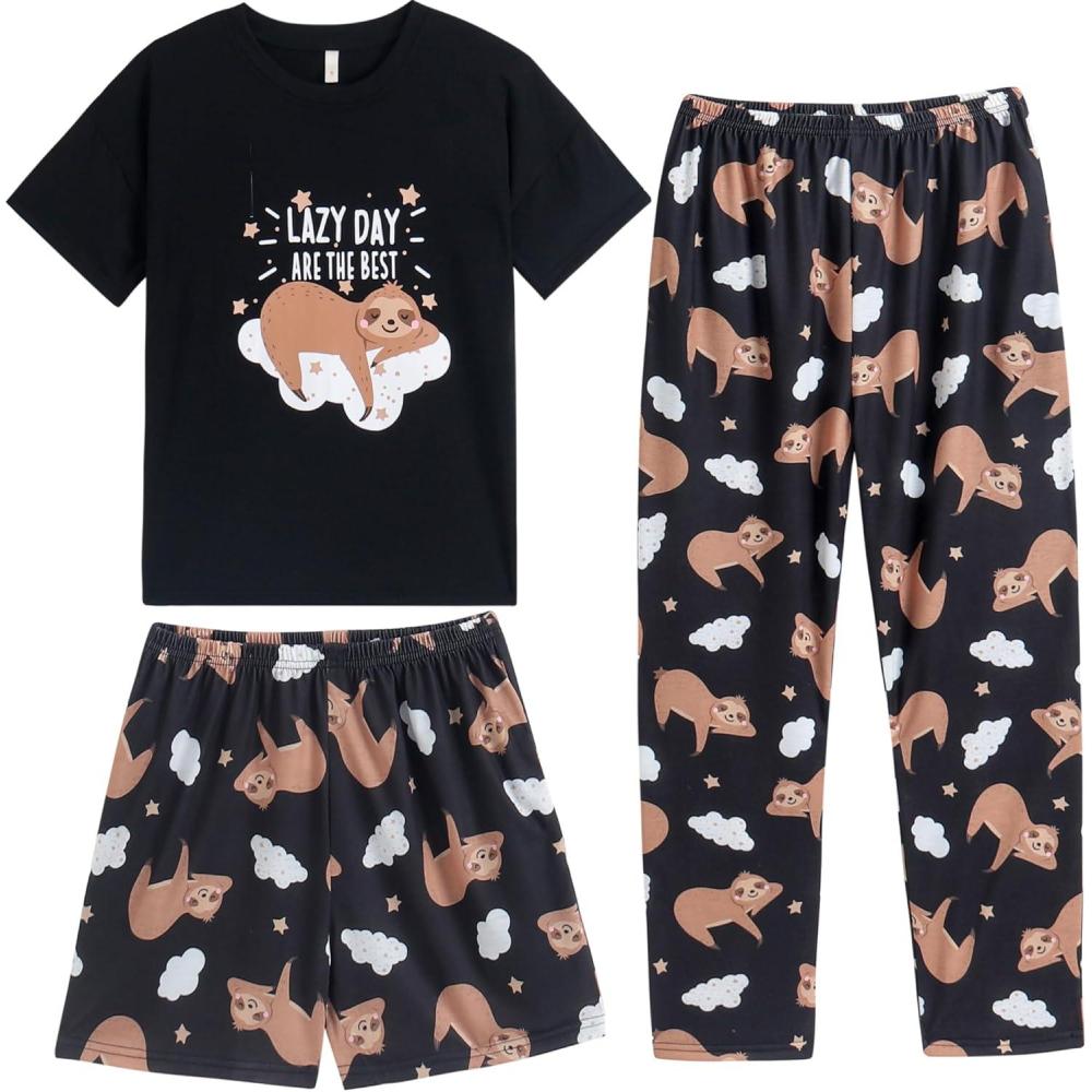 imageVopmocld Big Girls Short Sleeve amp Shorts amp Pants Pajama Sets 3PCS Cartoon Patterns Cute Lounge Sets for Teens 818 Years3pcscloud Sloth