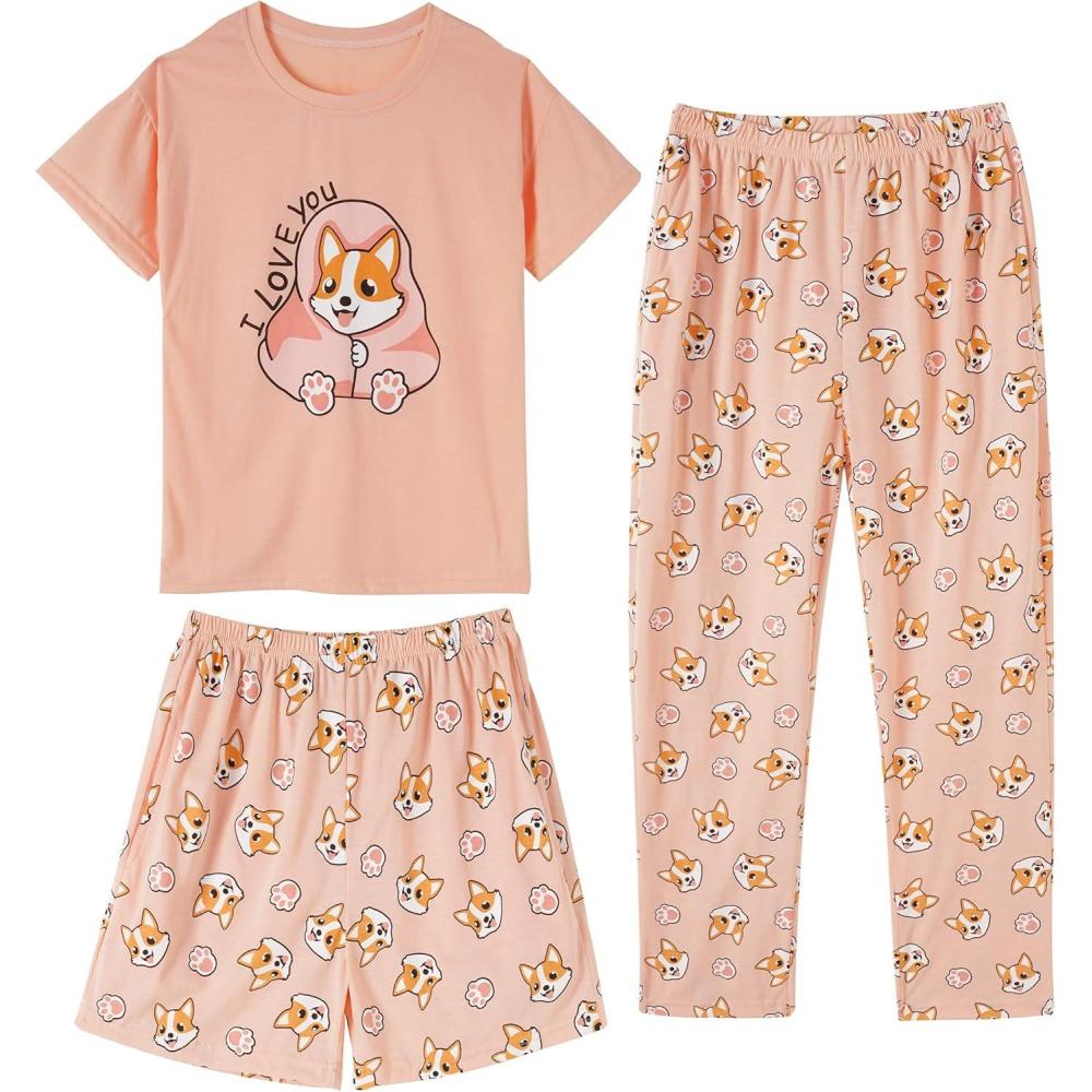imageVopmocld Big Girls Short Sleeve amp Shorts amp Pants Pajama Sets 3PCS Cartoon Patterns Cute Lounge Sets for Teens 818 Years3pcscorgi