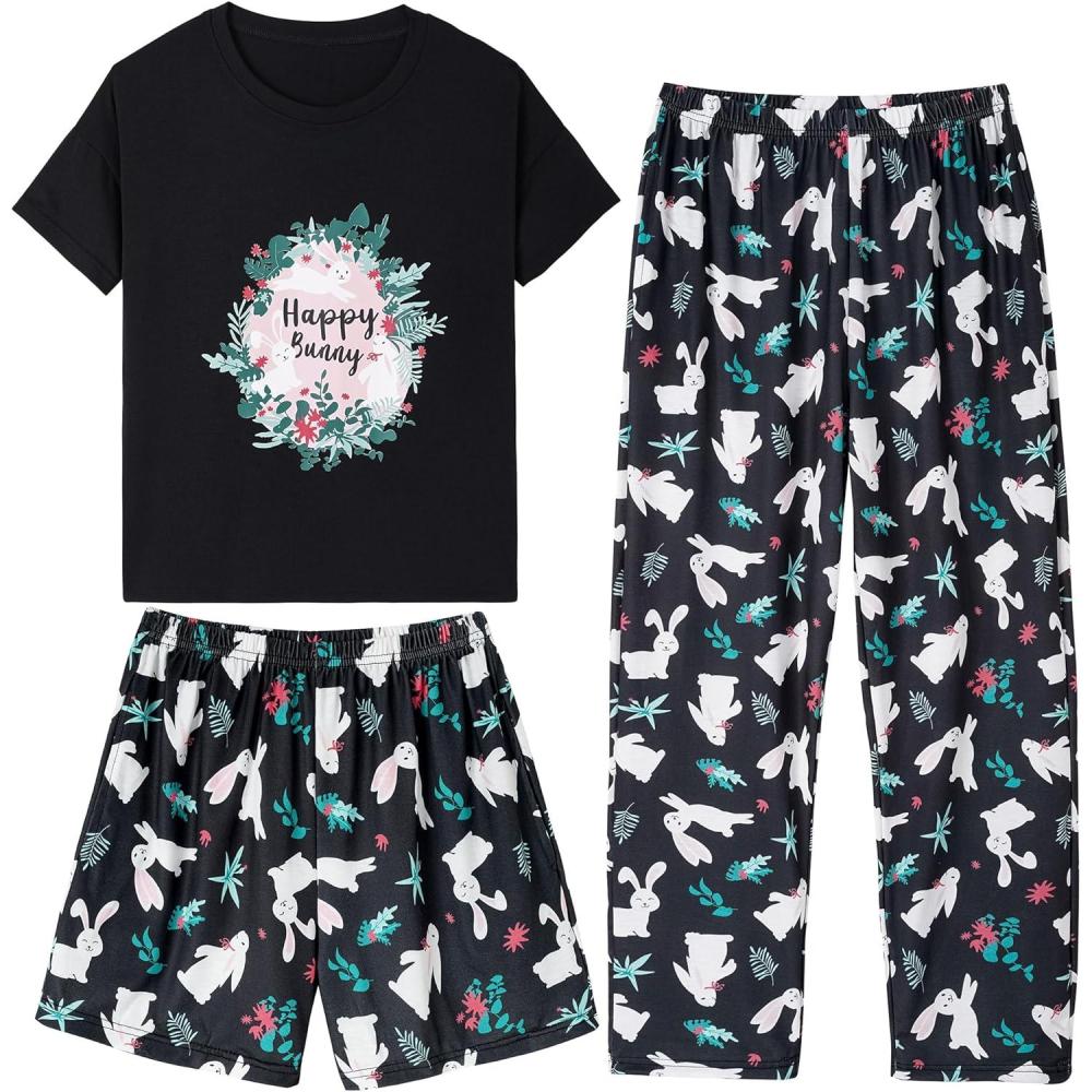 imageVopmocld Big Girls Short Sleeve amp Shorts amp Pants Pajama Sets 3PCS Cartoon Patterns Cute Lounge Sets for Teens 818 Years3pcscute Bunny