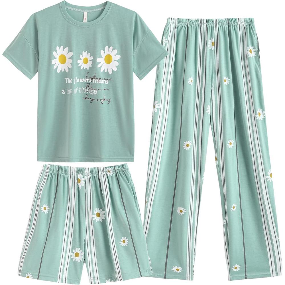 imageVopmocld Big Girls Short Sleeve amp Shorts amp Pants Pajama Sets 3PCS Cartoon Patterns Cute Lounge Sets for Teens 818 Years3pcsdaisy Green