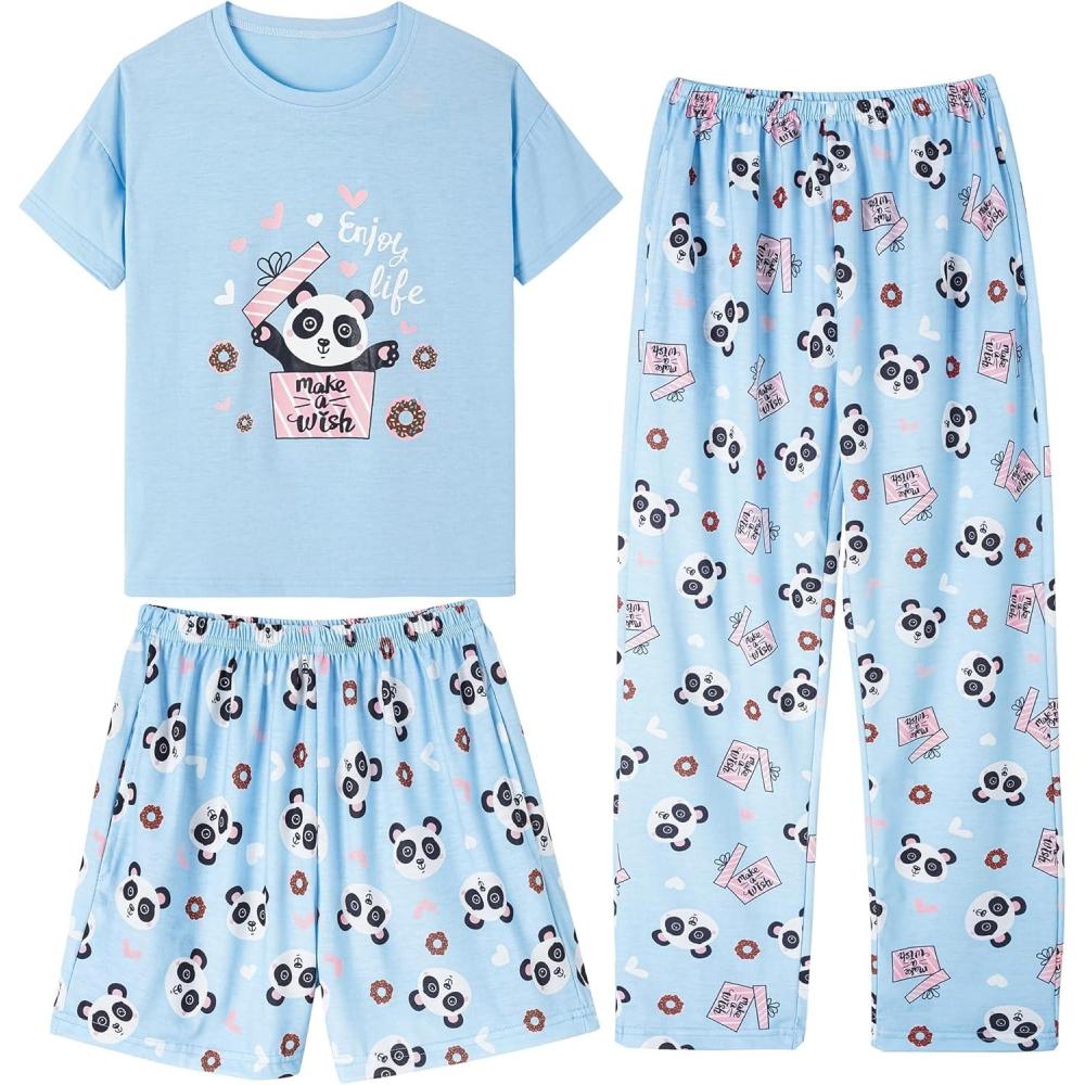 imageVopmocld Big Girls Short Sleeve amp Shorts amp Pants Pajama Sets 3PCS Cartoon Patterns Cute Lounge Sets for Teens 818 Years3pcsmake Wish Panda