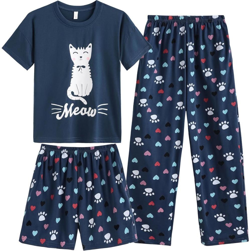 imageVopmocld Big Girls Short Sleeve amp Shorts amp Pants Pajama Sets 3PCS Cartoon Patterns Cute Lounge Sets for Teens 818 Years3pcsnavy Cat