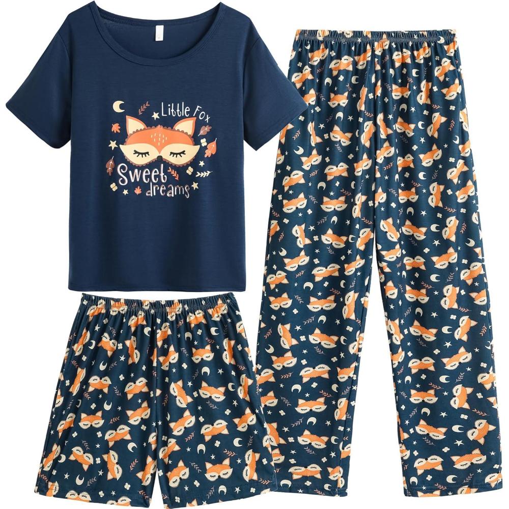 imageVopmocld Big Girls Short Sleeve amp Shorts amp Pants Pajama Sets 3PCS Cartoon Patterns Cute Lounge Sets for Teens 818 Years3pcsnavy Fox