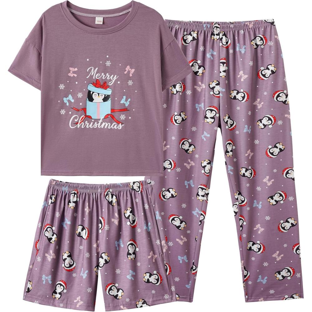 imageVopmocld Big Girls Short Sleeve amp Shorts amp Pants Pajama Sets 3PCS Cartoon Patterns Cute Lounge Sets for Teens 818 Years3pcspenguin