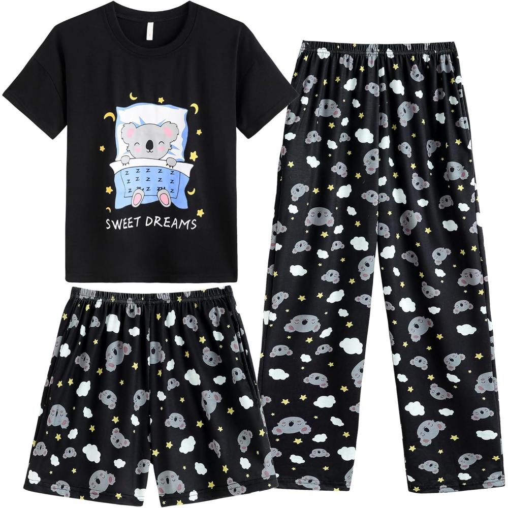 imageVopmocld Big Girls Short Sleeve amp Shorts amp Pants Pajama Sets 3PCS Cartoon Patterns Cute Lounge Sets for Teens 818 Years3pcssleep Koala