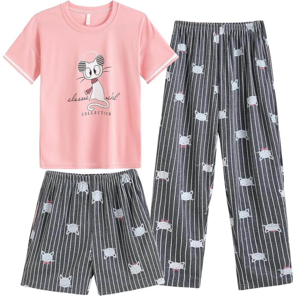 imageVopmocld Big Girls Short Sleeve amp Shorts amp Pants Pajama Sets 3PCS Cartoon Patterns Cute Lounge Sets for Teens 818 Years3pcsstriped Cat