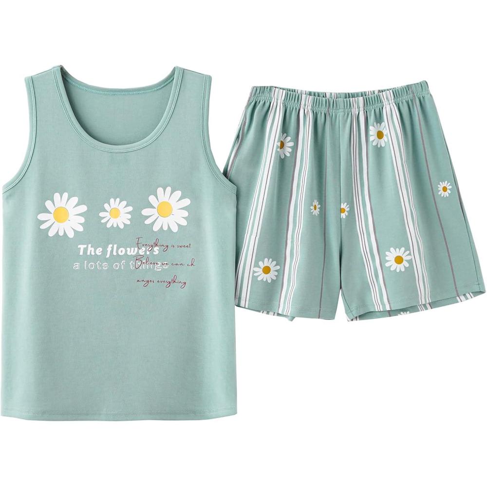 imageVopmocld Big Girls Tank Top and Shorts Cotton Pajama Set Teens Cute Heart Shape Sleepwear Kids Clothes PJSFloral