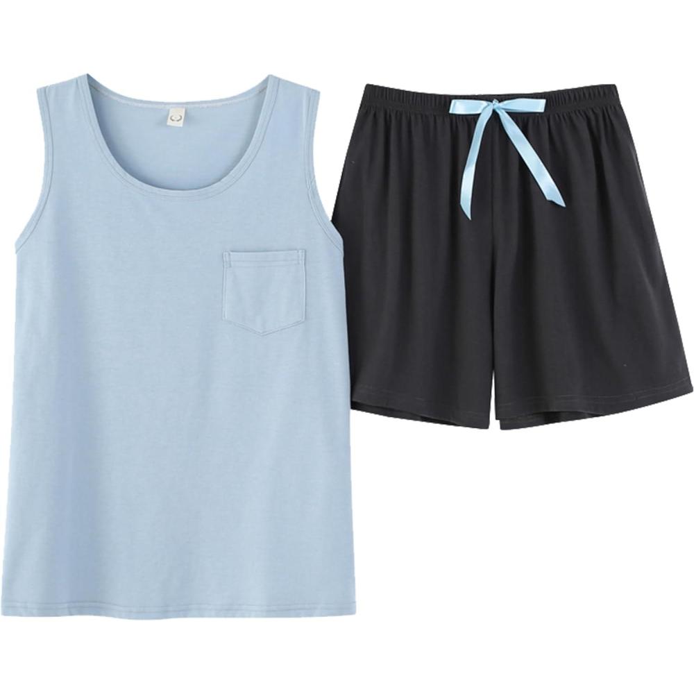 imageVopmocld Big Girls Tank Top and Shorts Cotton Pajama Set Teens Cute Heart Shape Sleepwear Kids Clothes PJSSkyblueGray