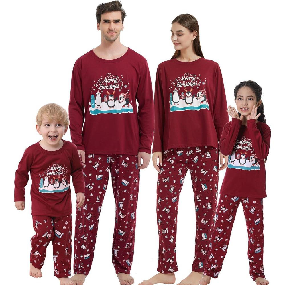 imageVopmocld Christmas Family Matching Pajama Red Holiday Pjs Sets Cotton SleepwearWine Red Penguin