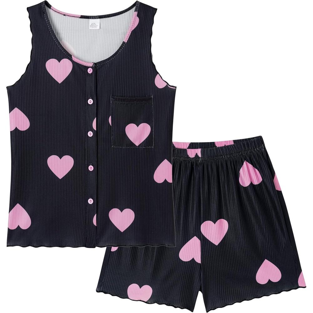 imageVopmocld Girls Button Down Pajama Sets Sleeveless Tank Top with Shorts for Teen Girls Summer Casual Clothes LoungewearBlack Pink Hearts