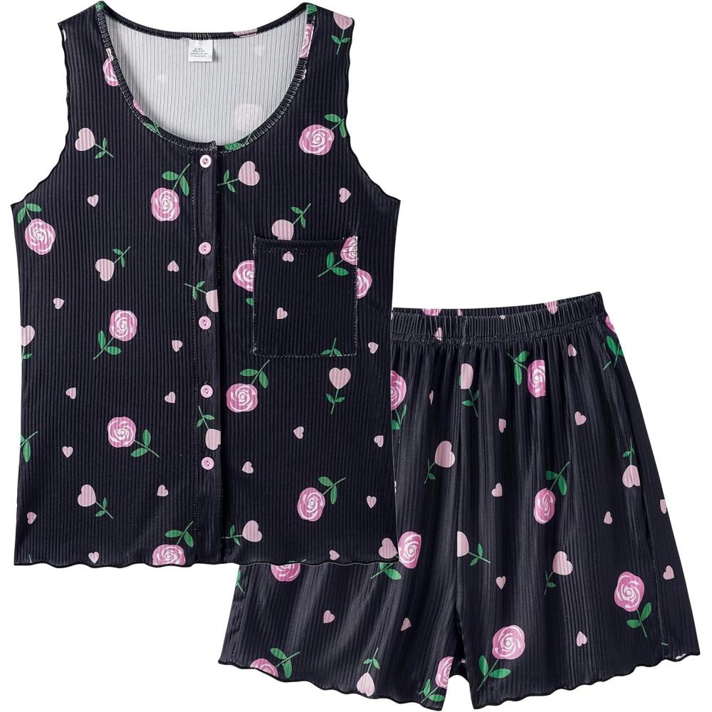 imageVopmocld Girls Button Down Pajama Sets Sleeveless Tank Top with Shorts for Teen Girls Summer Casual Clothes LoungewearBlack Rose