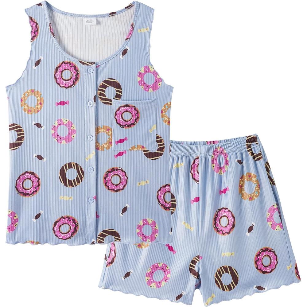 imageVopmocld Girls Button Down Pajama Sets Sleeveless Tank Top with Shorts for Teen Girls Summer Casual Clothes LoungewearDonut