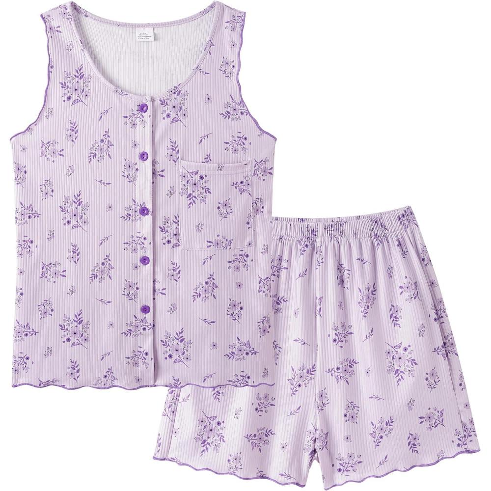 imageVopmocld Girls Button Down Pajama Sets Sleeveless Tank Top with Shorts for Teen Girls Summer Casual Clothes LoungewearLittle Floral